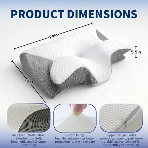 Vista 7 de Almohada cervical ergonómica para soporte del cuello, almohada de espuma viscoelástica para dormir de lado, espalda y estómago, diseño ortopédico