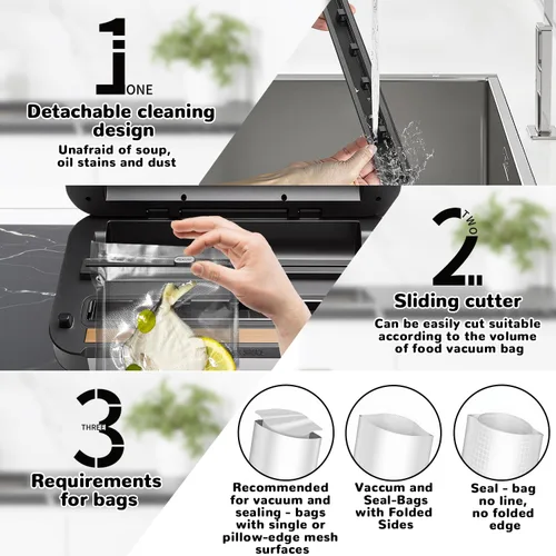 Vista 9 de Máquina selladora al vacío, potente sellador automático de alimentos de 95 Kpa, cortador integrado y almacenamiento de bolsas, pantalla de progreso