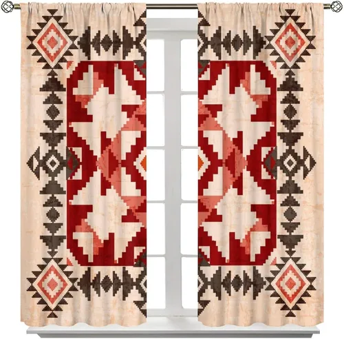Vista 244 de Cortinas con patrón geométrico tribal, estilo suroeste, azteca, rústico, occidental, nativo americano, opacas, con bolsillo para barra, decoración