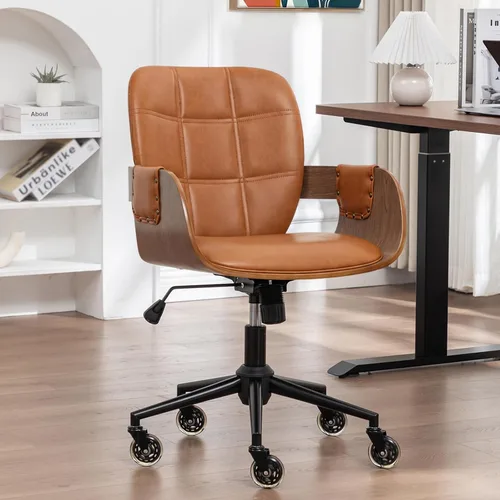 Vista 12 de Silla de escritorio de oficina en casa con ruedas giratorias, artesanía de nogal, respaldo y brazos curvos ergonómicos, piel sintética, altura
