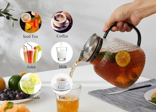 Vista 4 de Purefold Jarra de vidrio de 40 onzas "Serie Piña" con tapa de acero inoxidable, jarra para agua fría/caliente para café, limonada, té solar helado