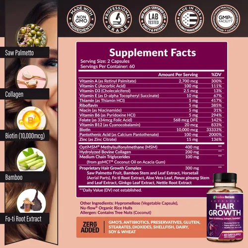 Vista 3 de Paquete de 2 vitaminas para el crecimiento del cabello para mujeres Biotina 10,000 mcg, colágeno, OptiMSM® patentado, goMCT®, saw palmetto