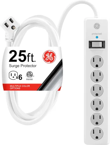Vista 11 de GE Protector contra Sobretensiones con Regleta de Enchufes, Cable de Extensión de 4 Pies, Extensor de 6 Tomas, 800 Julios, Enchufe Plano, Cubiertas