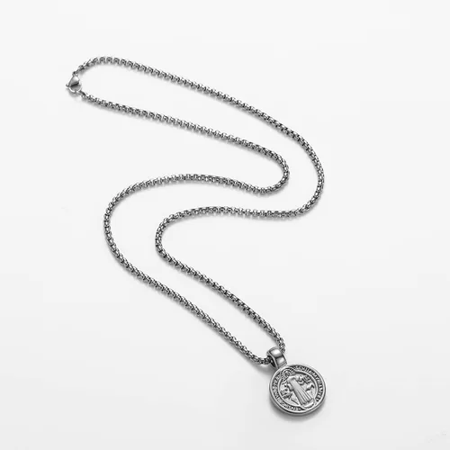 Vista 3 de FSYAEGZA Collar con colgante de medalla de exorcismo de San Benito para hombre, de acero inoxidable, colgante de cruz religiosa católica, colgante