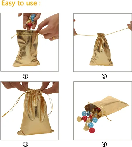 Vista 4 de Paquete de 100 bolsas de organza doradas resistentes de 3.54"x4.72" con cordón para joyería, boda, fiesta, Navidad, favor, regalo, dulces, chocolate