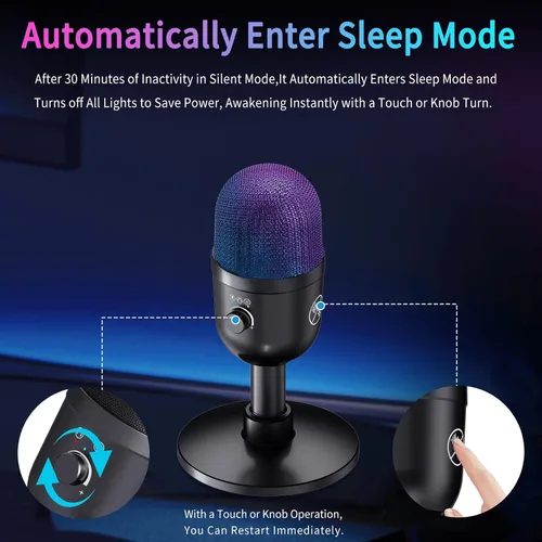 Vista 7 de Micrófono USB para PC – Micrófono para juegos de computadora con iluminación RGB para PS 4 y 5, mezcla de audio dual, silencio, salida