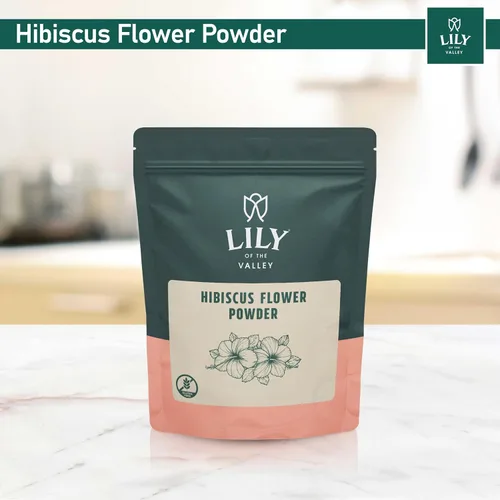 Vista 3 de Lily of the Valley Polvo de flor de hibisco – Hibiscus Sabdariffa molido – Ideal para cocinar, hornear, té, batido – Vegano y sin gluten – Bolsa