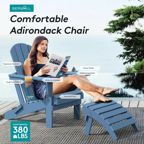 Vista 5 de SERWALL Juego de 4 sillas Adirondack para exteriores con 2 portavasos, plegable, azul