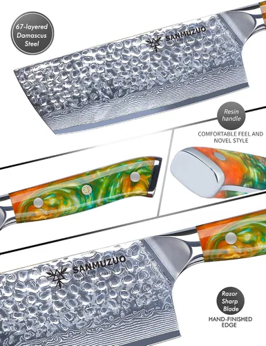 Vista 3 de 7“ Nakiri Knife - Hammered Damascus Steel & Resin Handle - YAO Series