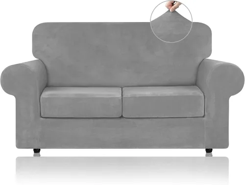 Vista 31 de WEERRW 4 Piezas Fundas de Terciopelo de Alta Elasticidad para Sofá de 3 Cojines Fundas de Sofá, Protector de Muebles Lavable con Parte Inferior