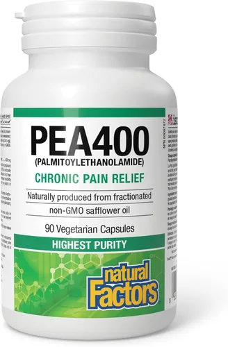 Vista 2 de Natural Factors PEA400 - Palmitoiletanolamida pura para alivio, apoya el sistema nervioso y las molestias ocasionales, sin OMG, 90 cápsulas