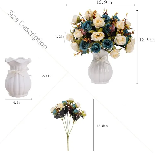 Vista 3 de LESING Flores Artificiales Falsas con Jarrón Rosas Artificiales de Seda Ramos de Flores de Boda Decoración para Hogar Oficina Fiesta Sala