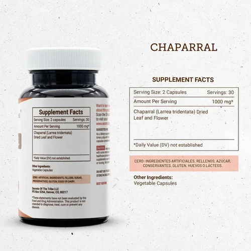 Vista 3 de Secrets of the Tribe Chaparral 60 Cápsulas, 1000 mg, Chaparral (Larrea tridentata) Hoja seca y Flor (60 Cápsulas)