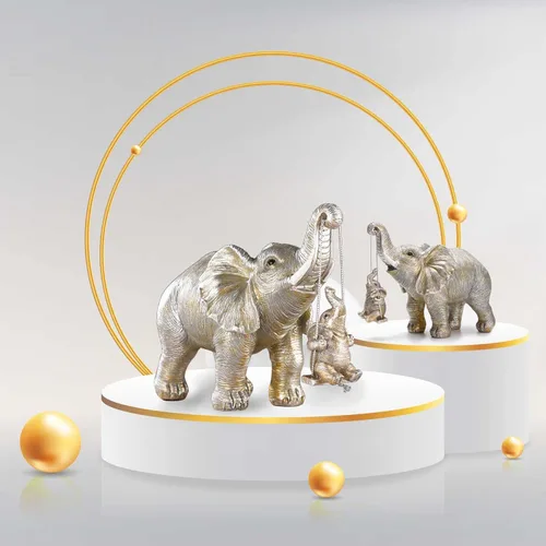 Vista 7 de BRASSTAR Estatua de elefantes de plata de resina bebé elefante sentado en columpio figura traer suerte felicidad riqueza decoración del hogar 7.1