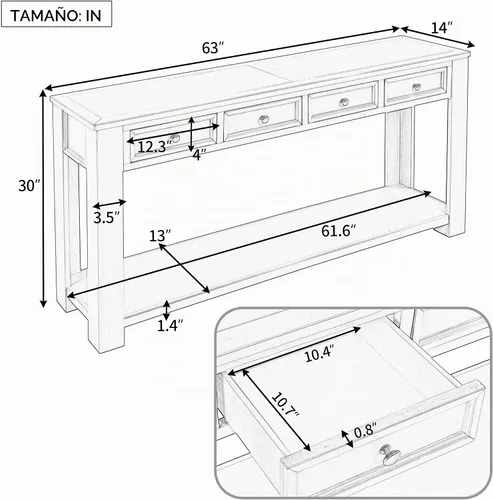 Vista 3 de LKTART - Mesa consola de 63 pulgadas para entrada, mesa de sofá de madera maciza con 4 cajones Blanco antiguo