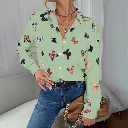 Vista 2 de Button Down Shirts for Women Lapel V Neck Buttlefly Printed Trendy Shirts Long Sleeve Casual Collared Blouses Tees Tops