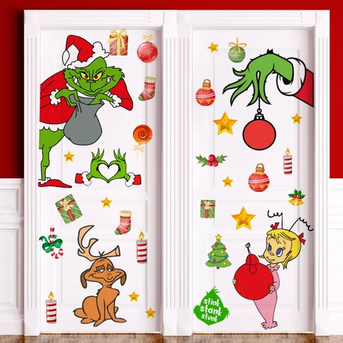 Vista 5 de Adhesivo decorativo para puerta de Navidad, calcomanías de puerta de vidrio de temporada extraíbles con calcomanías de copo de nieve para ventana