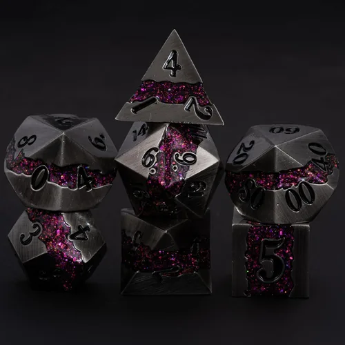 Vista 7 de Dados poliédricos DND de metal, juego de dados metálicos con purpurina a rayas grandes, juego de 7 dados plateados antiguos para juegos de rol