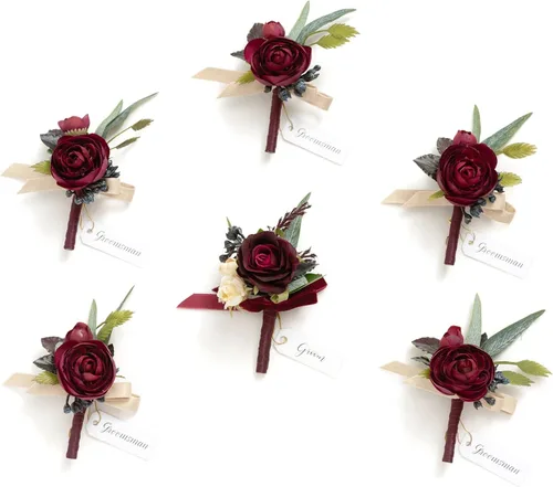 Vista 17 de Ling's Moment Boutonniere para Hombres Boda, Juego de 6, Novio y Padrinos Boutonniere para Boda Regreso a Casa Halloween Ceremonia Aniversario, Cena