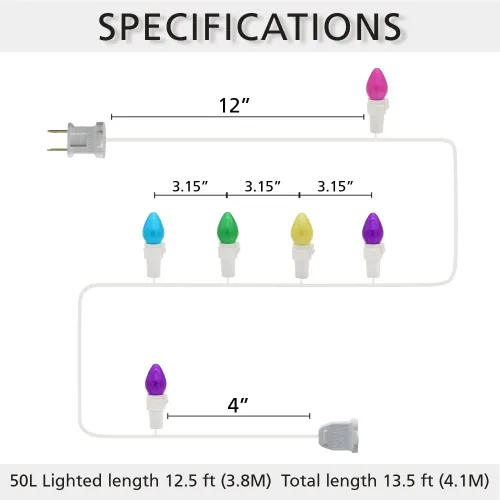 Vista 3 de Guirnalda de luces LED multicolor de cristal C3, 50 unidades, luz pastel de Pascua, 120 V, certificación ETL, conectable, para exteriores, cable