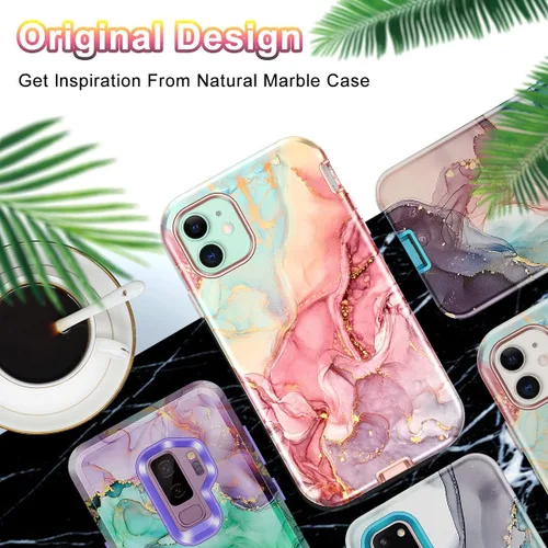 Vista 7 de CASEFIV Funda compatible con iPhone 11, patrón de mármol 3 en 1, resistente a prueba de golpes y caídas, cuerpo completo, policarbonato duro