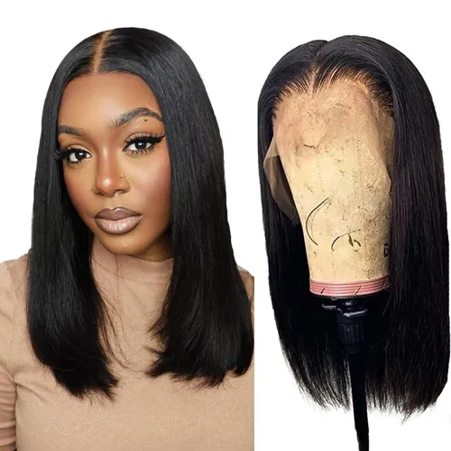 Vista 35 de Peluca de cabello humano lacio marrón con reflejos de 13 x 4, peluca frontal de encaje transparente #4, peluca corta Bob para mujeres negras