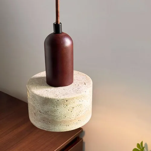 Vista 6 de Lámpara colgante japonesa Wabi sabi con pantalla de piedra natural, lámpara colgante de madera moderna regulable, lámpara colgante de altura