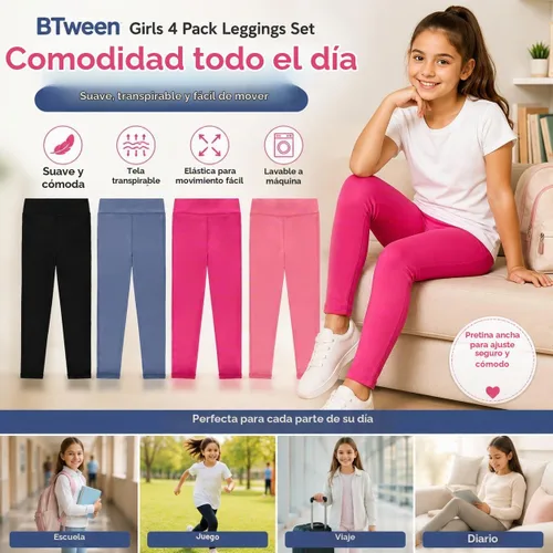 Vista 6 de BTween Paquete de 4 leggings para niñas, ejercicio, mallas deportivas con cintura ancha para niñas Basc1