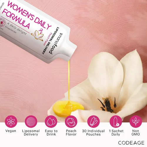 Vista 3 de Codeage Liposomal - Fórmula líquida de vitaminas diarias para mujer, suplemento multivitamínico líquido vegano omega-3, biotina, vitaminas A, B, C