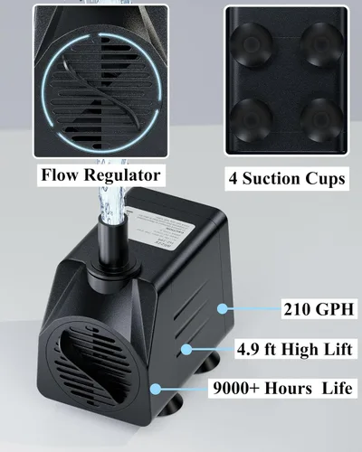 Vista 3 de alizzy Bomba de agua sumergible pequeña de 210 GPH (800 L/H, 16 W), bomba de fuente de agua ultra silenciosa con tubo para fuente, acuario, pecera