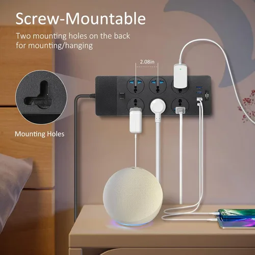 Vista 5 de Adaptador de Corriente Universal, Jumpso Regleta de Alimentación de 3000w con 4 Puertos USB (1 USB C), Cable de Extensión de 6ft con Tomas