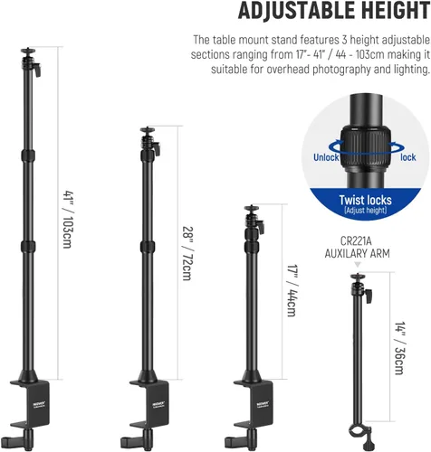Vista 2 de NEEWER Soporte de escritorio para cámara con brazo de montaje C Amera superior y cabezal de bola de 1/4 pulgadas, soporte de luz de mesa ajustable