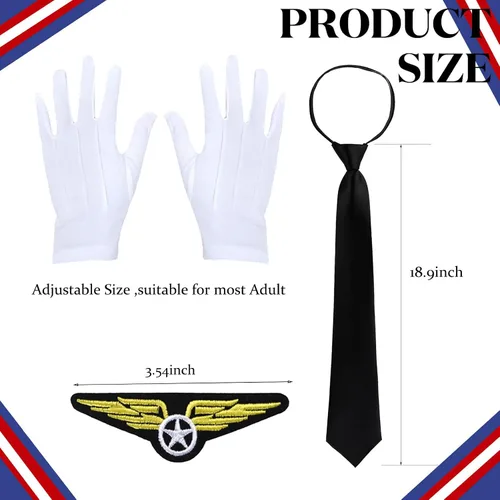 Vista 4 de Conjunto de disfraz de piloto capitán, accesorios de azafata, sombrero de asistente de vuelo con gafas de sol y bufanda, disfraz de cosplay