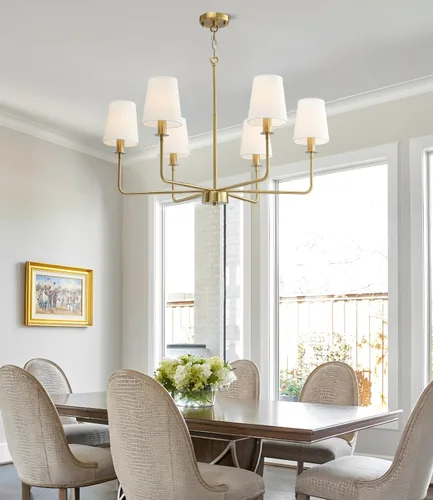 Vista 6 de Candelabro clásico de 6 luces con acabado dorado cepillado y pantallas de lino, base E12, lámpara rústica de techo para isla de cocina, comedor