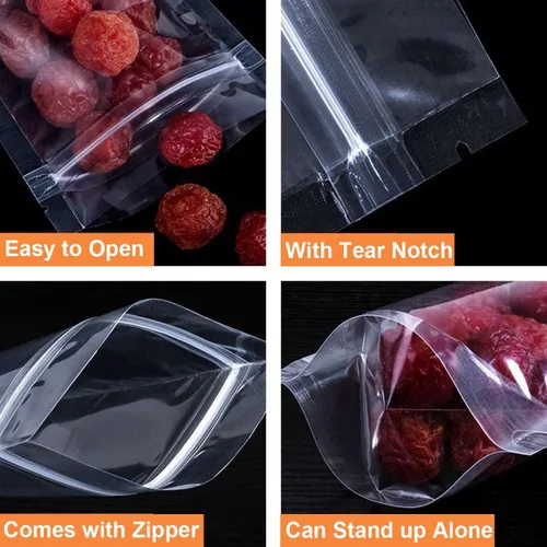 Vista 3 de Paquete de 100 bolsas transparentes de pie con cremallera, bolsa de embalaje de alimentos de frutas secas, bolsa de sellado transparente a prueba