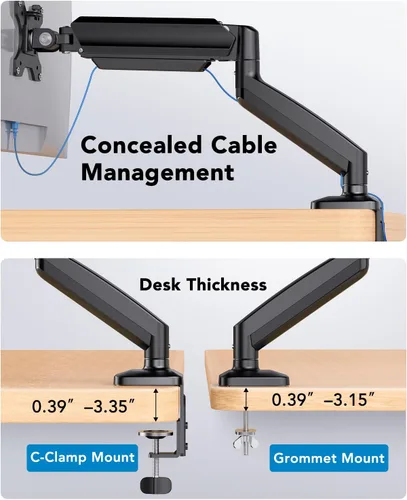 Vista 6 de HUANUO - Soporte de monitor individual, brazo de monitor ajustable para pantallas de 13–34 pulgadas hasta 22 libras, abrazadera en C y base de ojal