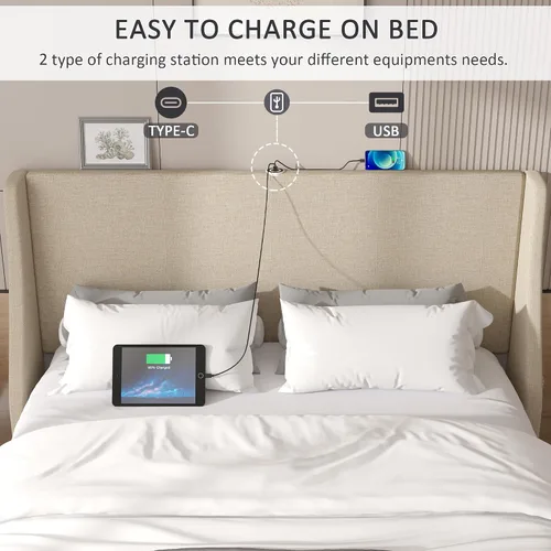 Vista 3 de VECELO Base de cama Queen con cabecera tapizada con respaldo alado, base de cama de plataforma resistente con estación de carga y bolsillos Beige