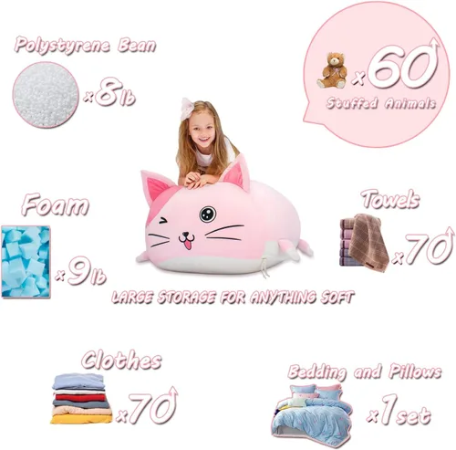 Vista 6 de Anzitinlan Lindo puf de gato para niños, puf de almacenamiento de animales de peluche rosa para decoración de habitación de niñas