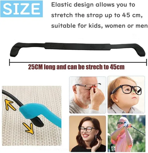 Vista 3 de SAIGO Correa antideslizante de silicona para gafas, retenedores de gafas deportivos, elástico, suave, para hombres y mujeres, 2 unidades, negro, 9.8