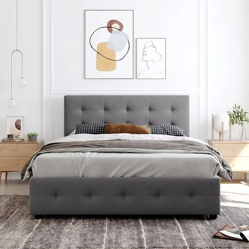 Vista 3 de Harper & Bright Designs Cama de plataforma tapizada tamaño Queen con almacenamiento, marco de cama Queen con 4 cajones y cabecero copetudo para Lino