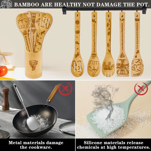 Vista 4 de Regalos de elefante para mujer, 6 cucharas de bambú de madera con soporte para utensilios para decoración del hogar, accesorios temáticos