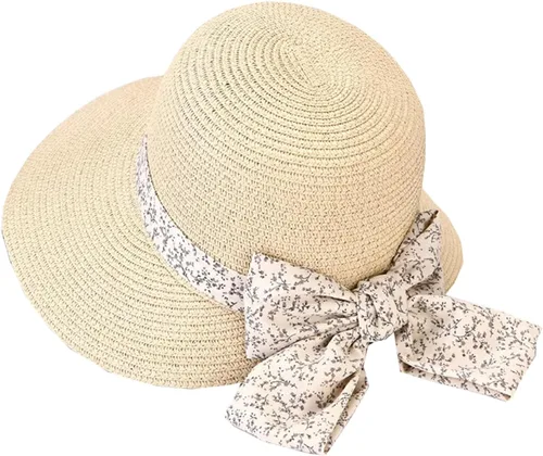Vista 6 de Sombreros de playa de ala ancha para mujer, protección UPF 50+, sombrero de paja plegable para verano Beige