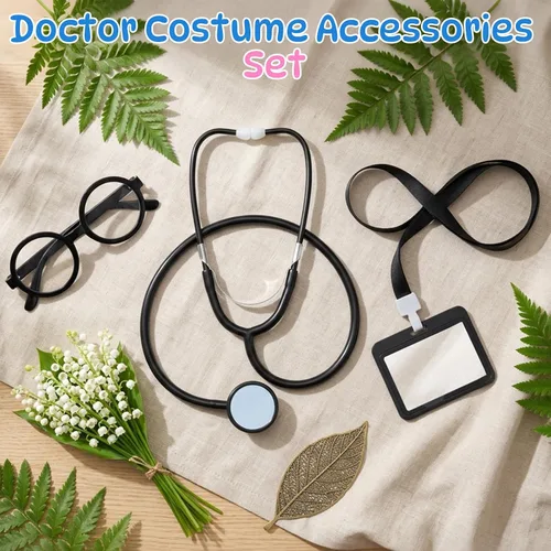 Vista 6 de Juego de accesorios de disfraz de doctor que incluye estetoscopio, gafas, tarjetero de identificación con cuerda, disfraz de Halloween, kit