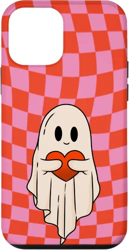 Vista 16 de Funda para iPhone 17 de San Valentín Retro Ghost Hugging Heart Checkerboard Rosa Rojo