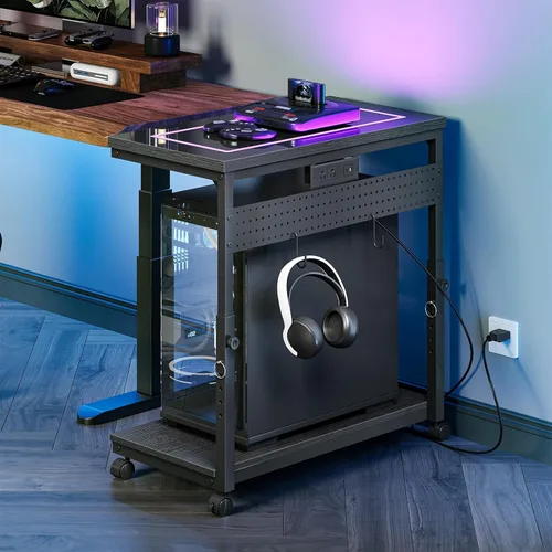Vista 2 de CHOEZON Soporte grande de torre de computadora de 31.5 pulgadas con toma de corriente, carrito de PC debajo del escritorio con 2 ganchos, soporte