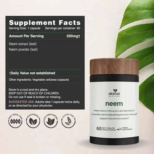 Vista 6 de AKSHAR Ayurveda - Cápsulas de neem con extracto de neem y polvo de hoja de neem, suplemento de neem a base de hierbas para apoyar la salud