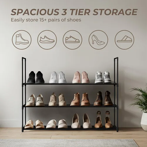 Vista 7 de Zapatero negro de 3 niveles, estante grande de 36 pulgadas con capacidad para 15 pares de zapatos, zapatero resistente para entrada, dormitorio