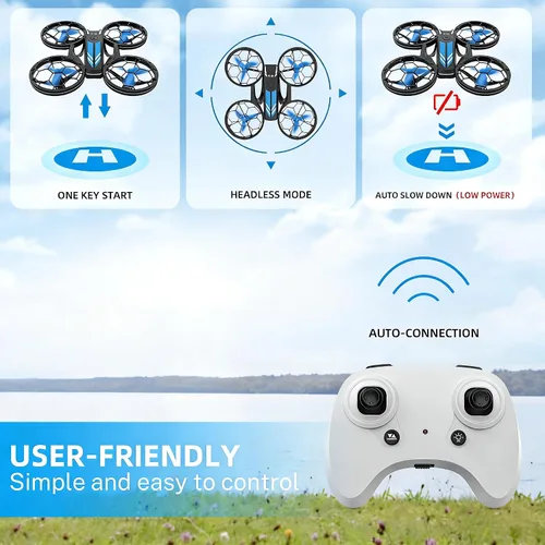 Vista 6 de Drones - Drone RC con auto flotante y modo sin cabeza, cuadricóptero con luz LED, hélice de protección completa, giros 3D, 3 baterías, control