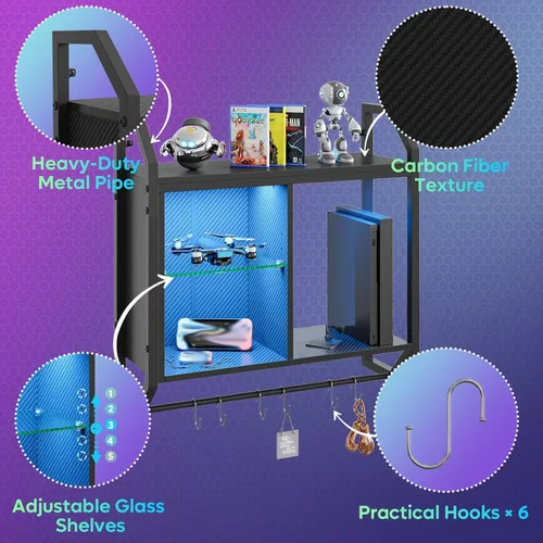 Vista 5 de Bestier Estantes flotantes LED de 25" para juegos en pared, estante montado en la pared con tubo ajustable de vidrio, estante de exhibición colgante