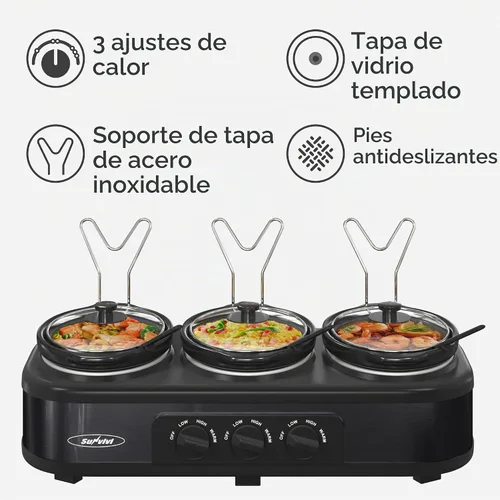 Vista 4 de Sunvivi Olla de Cocción Lenta Triple para Buffet y Calentador, 3 Ollas de Comida Pequeñas Mini Manuales con Temperatura Ajustable, Soportes